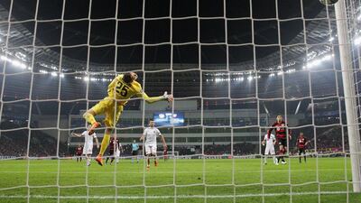 Goalkeeper Wojciech Szczesny of AS Roma fails to stop Kevin Kampl of Bayer Levekusen, unseen, from scoring the third goal on Tuesday. Dean Mouhtaropoulos / Bongarts / Getty Images