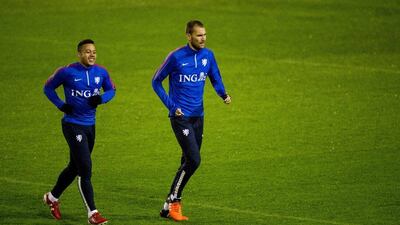 Netherlands national team player Memphis Depay, left, shown at a training session on Monday. Robin van Lonkhuijsen / EPA / November 9, 2015