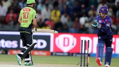 Qalanders batsman Amjad Khan is stumped off the bowling of Bangla Tigers' Prabath Jayasuriya. Chris Whiteoak / The National