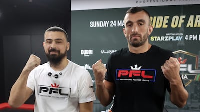 Mohammad Yahya signed with the Professional Fighters League in February and will face Tunisia's Mehdi Saadi, left, in a featherweight quarter-final bout at PFL: Pride of Arabia.
