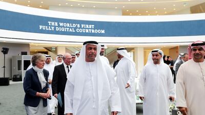 Minister of Justice, Sultan Saeed Al Badi, at the launch of the digital courtroom in Abu Dhabi Global Market Courts on Sunday. Chris Whiteoak / The National