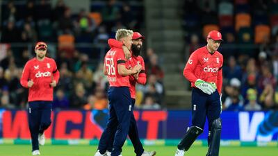 Sam Curran of England celebrates the wicket of Glenn Maxwell. Getty