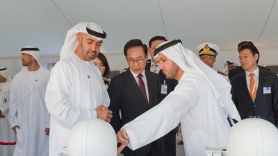 Sheikh Mohamed bin Zayed Al Nahyan meets Lee Myung-Bak President of the Republic of Korea and Mohamed Al Hammadi, CEO, Emirates Nuclear Energy Corporation, at Barakah, the site of the UAE Peaceful Nuclear Energy Program. (Philip Cheung / Crown Prince Cou???