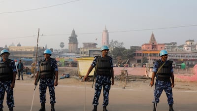 Security officers stand guard in Ayodhya, India. AP Photo