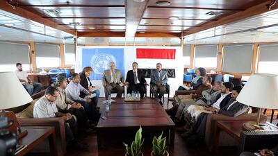 Lieut Gen of India Abhijit Guha (C) head of the UN mission in Hodeidah, leads UN-mediated peace talks between head of Houthi negotiators Gen Ali Al Mushaki (R) and head of Yemeni government negotiators Gen Mohammed Aydah (L), on UN vessel 'Antarctic Dream' in the Red Sea off the coast of the city of Hodeidah, Yemen, 18 December 2019. EPA/STRINGER