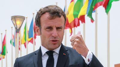 French President Emmanuel Macron speaks to the press upon his arrival at Nouakchott-Oumtounsy International Airport, in Nouakchott, Mauritania, 30 June. EPA