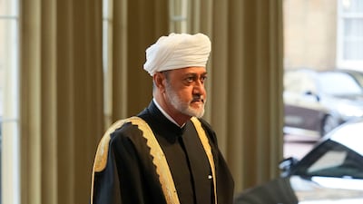 Oman's Sultan Haitham arrives at the reception. AP