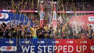 Southampton players celebrate after beating Leeds at Wembley. AFP