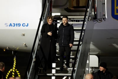 Ukrainian President Volodymyr Zelenskyy and his wife Olena Zelenska arrive at Dublin Airport. PA