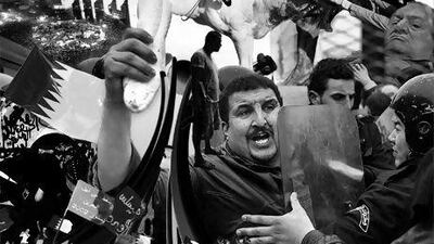 A montage of Arab Spring images by Alex Belman. Martin Bureau/AFP; Ben Curti/AP Photo; Hassan Ammar/AP Photo; Chris Hondros/Getty Image