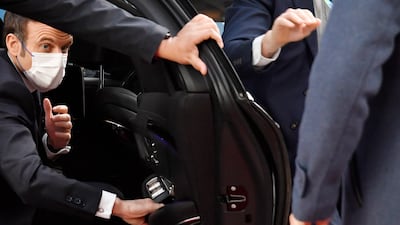 French President Emmanuel Macron arrives for an extraordinary meeting of EU leaders to discuss Ukraine at the European Council building in Brussels. AP Photo