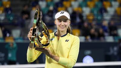 Elena Rybakina holds the trophy after winning the final of the Mubadala Abu Dhabi Open tournament at Zayed Sports City in Abu Dhabi on Sunday, February 11, 2024. All photos: Pawan Singh / The National