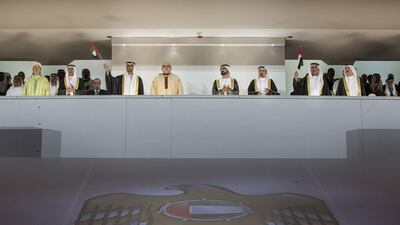 Sheikh Mohammed bin Zayed, Crown Prince of Abu Dhabi Deputy Supreme Commander of the Armed Forces, (4th L) attends the 44th UAE National Day celebrations held at Zayed Sports City. Seen with Sheikh Mohammed bin Rashid, Vice President and Ruler of Dubai (4th R), King Mohammed VI of Morocco (5th R), Sheikh Hamad bin Mohammed, Ruler of Fujairah (2nd L), Sheikh Humaid bin Rashid, Ruler of Ajman (3rd R), Sheikh Saud bin Saqr, Ruler of Ras Al Khaimah (2nd R) and Sheikh Saud bin Rashid, Ruler of Umm Al Quwain (R). Ryan Carter / Crown Prince Court - Abu Dhabi