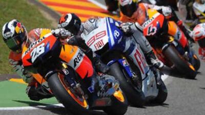 Dani Pedrosa takes the lead at the start of yesterday's Italian Grand Prix. The Spaniard would not be headed all afternoon as he led from start to finish for his first victory of the season.