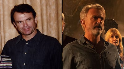 Sam Neill in 1993 and a film still of 'Jurassic World Dominion'. Getty / AP