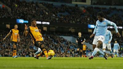 Wilfried Bony of Manchester City scores their opening goal against Hull City on Tuesday in the League Cup. Andrew Boyers / Action Images / Reuters