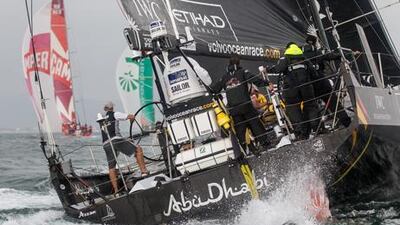 Abu Dhabi Ocean Racing, skippered by Ian Walker, pursues the leading pack at the in-port race in Brazil during the 2012 Volvo Ocean Race.