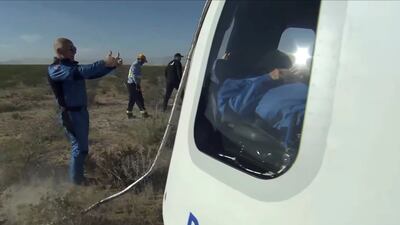 Billionaire Jeff Bezos welcomes the four passengers on Blue Origin’s New Shepard mission NS-18 after landing near Van Horn, Texas. Reuters