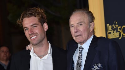 US actor James Caan and son James Caan Jr arrive for 'The Godfather' 50th Anniversary premiere screening event at Paramount Theatre in Hollywood, California. AFP