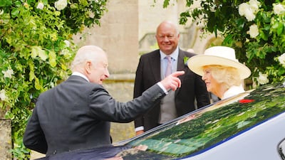 King Charles III and Queen Camilla at the wedding of Harriet Sperling to Peter Phillips at All Saints Church in Kemble, Gloucestershire. PA