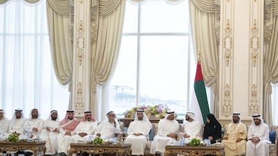 Sheikh Mohamed bin Zayed sits with Sheikh Mohamed bin Rashid and Sheikh Mohamed bin Saud, Dr Amal Abdullah, Sheikh Tahnoon bin Mohamed, Ruler's Representative in Al Ain Region and Sheikh Saif bin Mohamed. Mohamed Al Hammadi / Ministry of Presidential Affairs