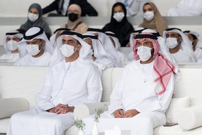 Sheikh Saif bin Zayed, Deputy Prime Minister and Minister of Interior, and Sheikh Nahyan bin Zayed, chairman of the board of trustees of Zayed bin Sultan Al Nahyan Charitable and Humanitarian Foundation, at the lecture. Photo: Ministry of Presidential Affairs