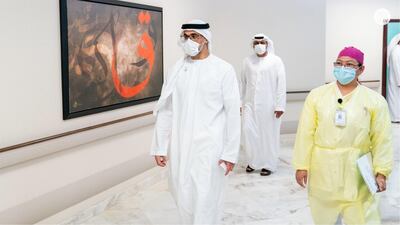 Sheikh Khalid bin Mohamed, member of the Executive Council and chairman of Abu Dhabi Executive Office, visits Sheikh Khalifa Medical City on the first day of a Covid-19 vaccination programme for medical staff. Courtesy: Abu Dhabi Government Media Office