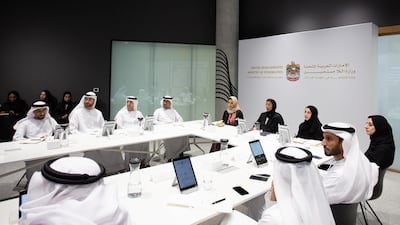 Noura Al Kaabi, Minister of Culture and Knowledge Development, chairs a meeting of the Ministry of Possibilities' department of UAE talent. Courtesy Ministry of Culture and Knowledge Development