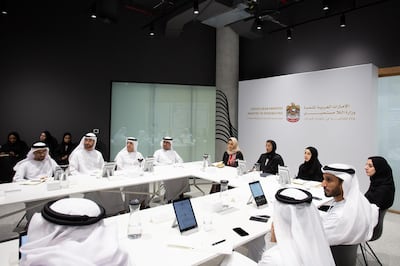 Noura Al Kaabi, Minister of Culture and Knowledge Development, chairs a meeting of the Ministry of Possibilities' department of UAE talent. Courtesy Ministry of Culture and Knowledge Development