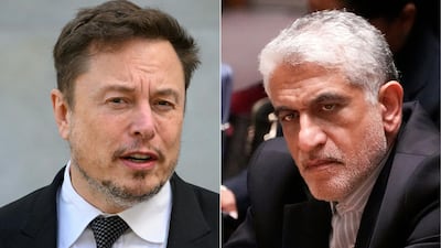 This combination of file pictures shows X CEO Elon Musk (L) and Iranian Ambassador to the United Nations Amir Saeid Iravani. AFP