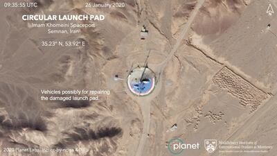 A satellite image from Planet Labs Inc. on January 26, 2020, shows activity at the Imam Khomeini Space Centre in Iran's Semnan province that suggests Iran is preparing to launch a satellite into space. Planet Labs Inc. Middlebury Institute of International Studies via AP