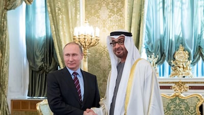 Sheikh Mohamed bin Zayed, Crown Prince of Abu Dhabi Deputy Supreme Commander of the UAE Armed Forces, stands for a photograph with Russian President Vladimir Putin at the Kremlin Palace in 2017. Crown Prince Court - Abu Dhabi