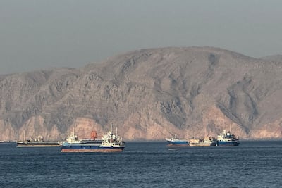 Vessels anchored in the Strait of Hormuz, off the port city of Khasab on Oman’s northern Musandam Peninsula. AFP