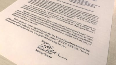 US Attorney General William Barr's letter to lawmakers stating that the investigation by Special Counsel Robert Mueller has been concluded and that Mr Mueller has submitted his report to the Attorney General. Reuters