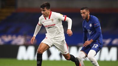 Sevilla's Oliver Torres and Hakim Ziyech of Chelsea. Reuters