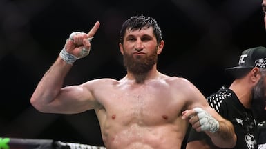 Magomed Ankalaev celebrates after his victory over Bogdan Guskov in their light heavyweight bout at UFC Fight Night in Abu Dhabi on July 25. Victor Besa / The National