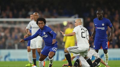 Willian of Chelsea escapes a challenge from Oliveira Richard of Qarabag. Richard Heathcote / Getty Images
