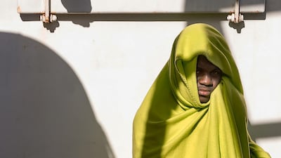 Two migrants are pictured on board the Spanish NGO Maydayterraneo's Aita Mari rescue boat one day after their rescue off the Libyan coast. AFP