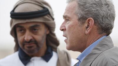 US President George W Bush attends a private dinner in the Abu Dhabi desert hosted by Sheikh Mohammed bin Zayed. Philip Cheung / Abu Dhabi Media Company / January 13, 2008