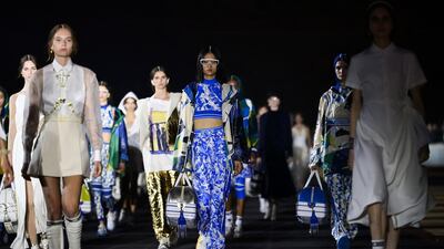 The collection showcased designs inspired by antiquity and traditional Greek dress. AFP