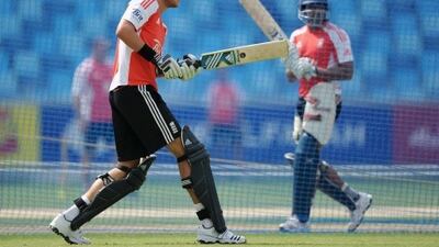 England Twenty20 captain Stuart Broad bats during a nets session at Dubai International Cricket Stadium.