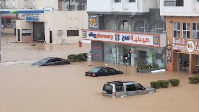 Vehicles were submerged in flood water as Cyclone Shaheen struck Barkah in the Batnah region. Photo: Mohammed Alrahbi