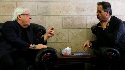 U.N. envoy to Yemen Martin Griffiths talks with Faisal Abu-Rass, the undersecretary of the Houthi-led government's foreign ministry, upon his arrival in Sanaa REUTERS/Khaled Abdulla