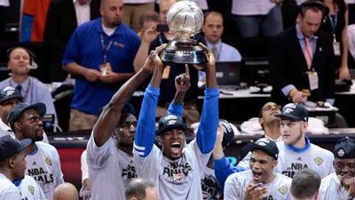 Oklahoma City Thunder's celebrates with the trophy after defeating San Antonio Spurs to win the Western Conference Finals