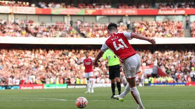 Arsenal's Declan Rice scores their second goal. Reuters