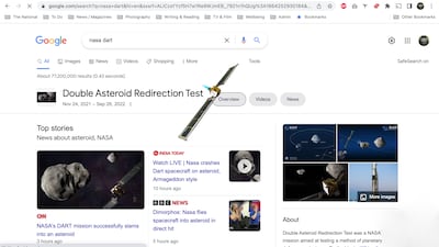 Nasa's Dart satellite whizzing across the screen as part of Google's Doodle to commemorate the mission. Photo: Google