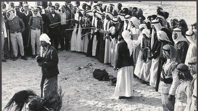 A group performing Al Ayala traditional dance, circa 1970s. Copyright Zaki Nusseibeh