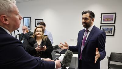 First Minister Humza Yousaf addresses the media on Wednesday after Peter Murrell's arrest. Getty Images