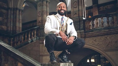 Councillor Magid Magid, in his now famous pose after inauguration as Sheffield's Lord Mayor Photos Chris Saunders