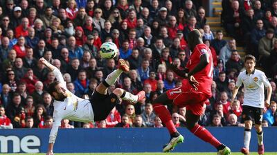 Juan Mata of Manchester United scores his second goal during the 2-1 win over Liverpool on Sunday. Alex Livesey / Getty Images